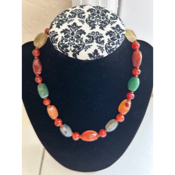 Vtg Gemstone Necklace & Bracelet Set Semi Precious Polished Beads Hand Knotted - Picture 2 of 8